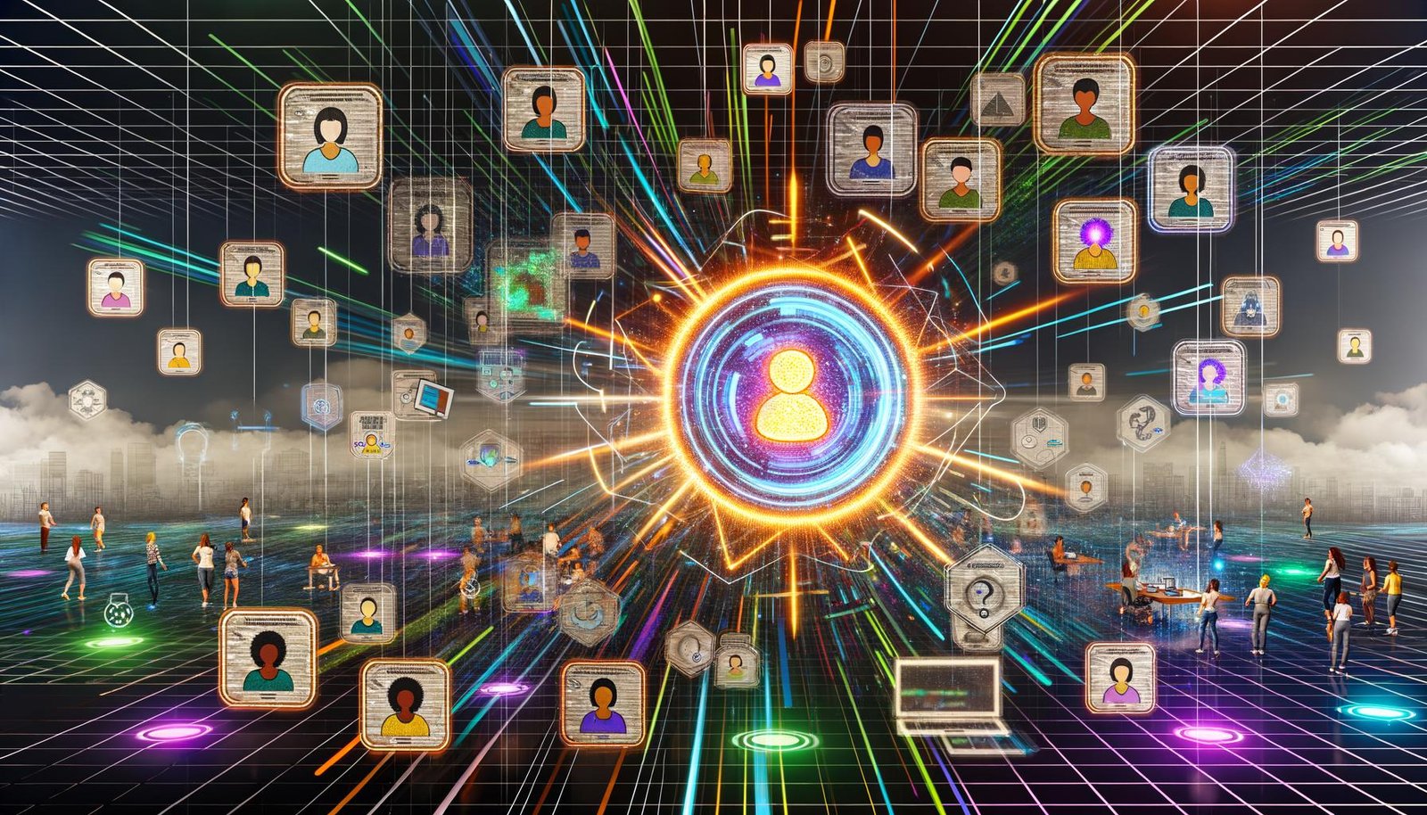 Futuristischer, digitaler Arbeitsraum mit Replit-Logo, overlapping Creator-IDs, holografischen Code-Panels, Reputation Badges und kollaborierenden Entwicklern.