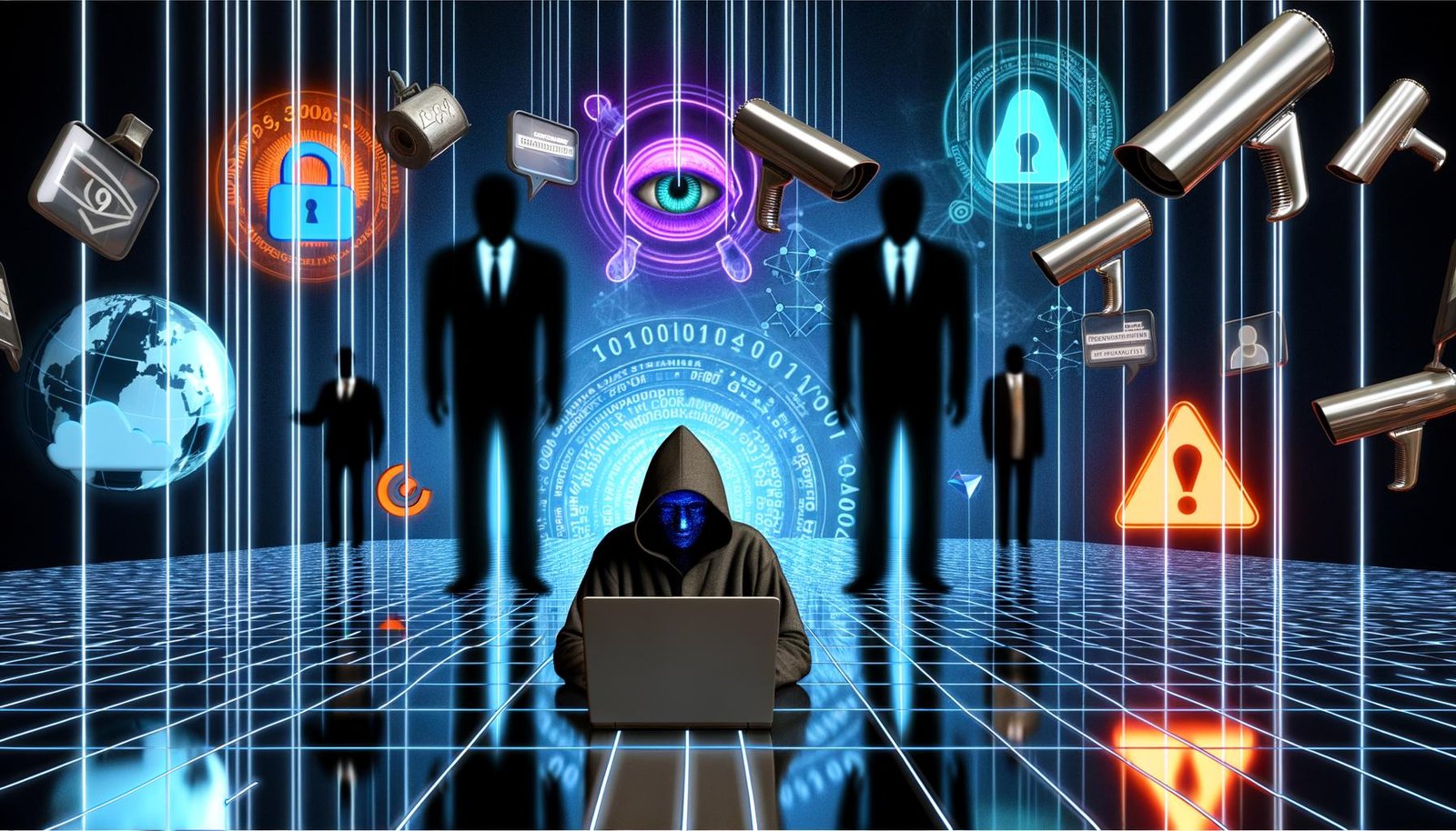 Titelbild mit Kapuzenperson am Laptop in dunklem Cyberspace, umgeben von Datenströmen, Überwachungskameras, Paragrafen, Social-Media-Icons und übergroßen, misstrauischen Gestalten aus Politik und Big Tech.
