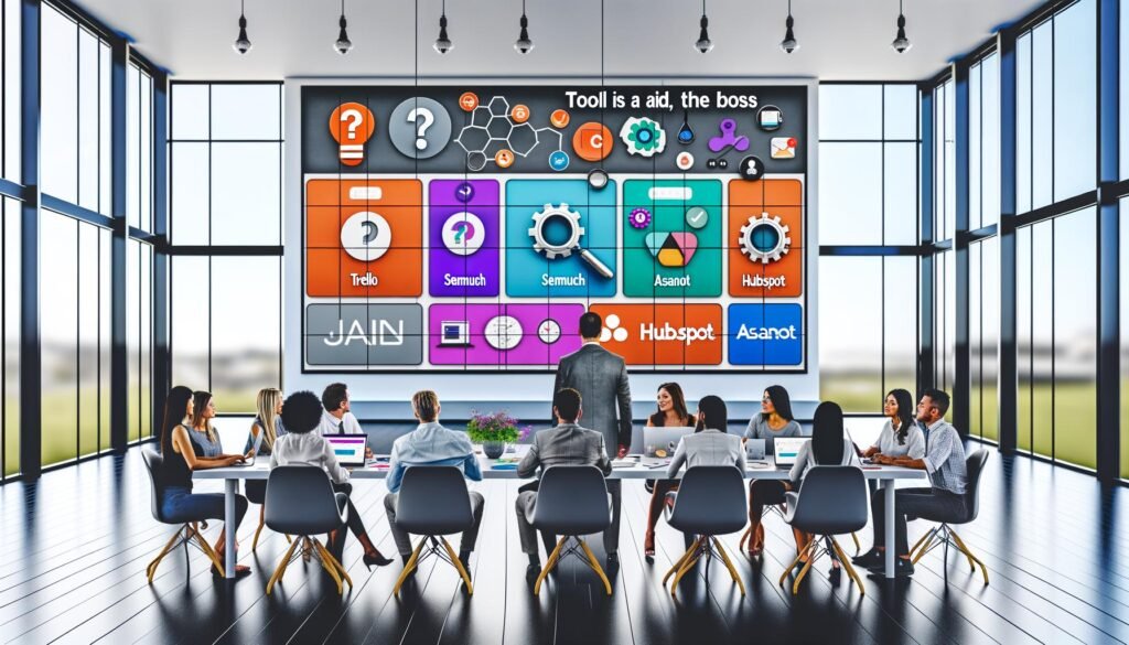 Teammitglieder in modernem, offenem Büro sitzen gemeinsam vor digitalem Dashboard mit bunten Content-Marketing-Tool-Kacheln wie Trello, SEMrush, HubSpot, Asana und Jasper, begleitet von einem großen Fragezeichen und einem Diagramm.
