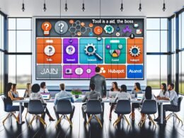 Teammitglieder in modernem, offenem Büro sitzen gemeinsam vor digitalem Dashboard mit bunten Content-Marketing-Tool-Kacheln wie Trello, SEMrush, HubSpot, Asana und Jasper, begleitet von einem großen Fragezeichen und einem Diagramm.