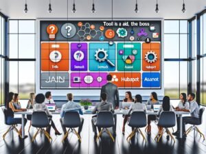 Teammitglieder in modernem, offenem Büro sitzen gemeinsam vor digitalem Dashboard mit bunten Content-Marketing-Tool-Kacheln wie Trello, SEMrush, HubSpot, Asana und Jasper, begleitet von einem großen Fragezeichen und einem Diagramm.