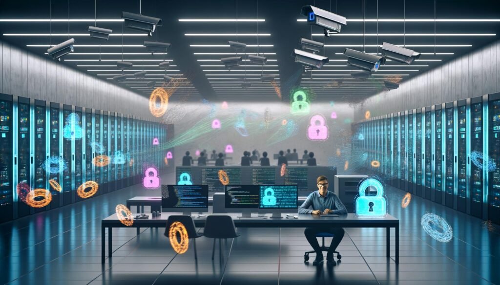 Person entspannt am Schreibtisch in einem futuristischen Großraumbüro mit Überwachungskameras, Servern, bunten Datenströmen und Datenschutz-Hinweisen auf Monitoren.