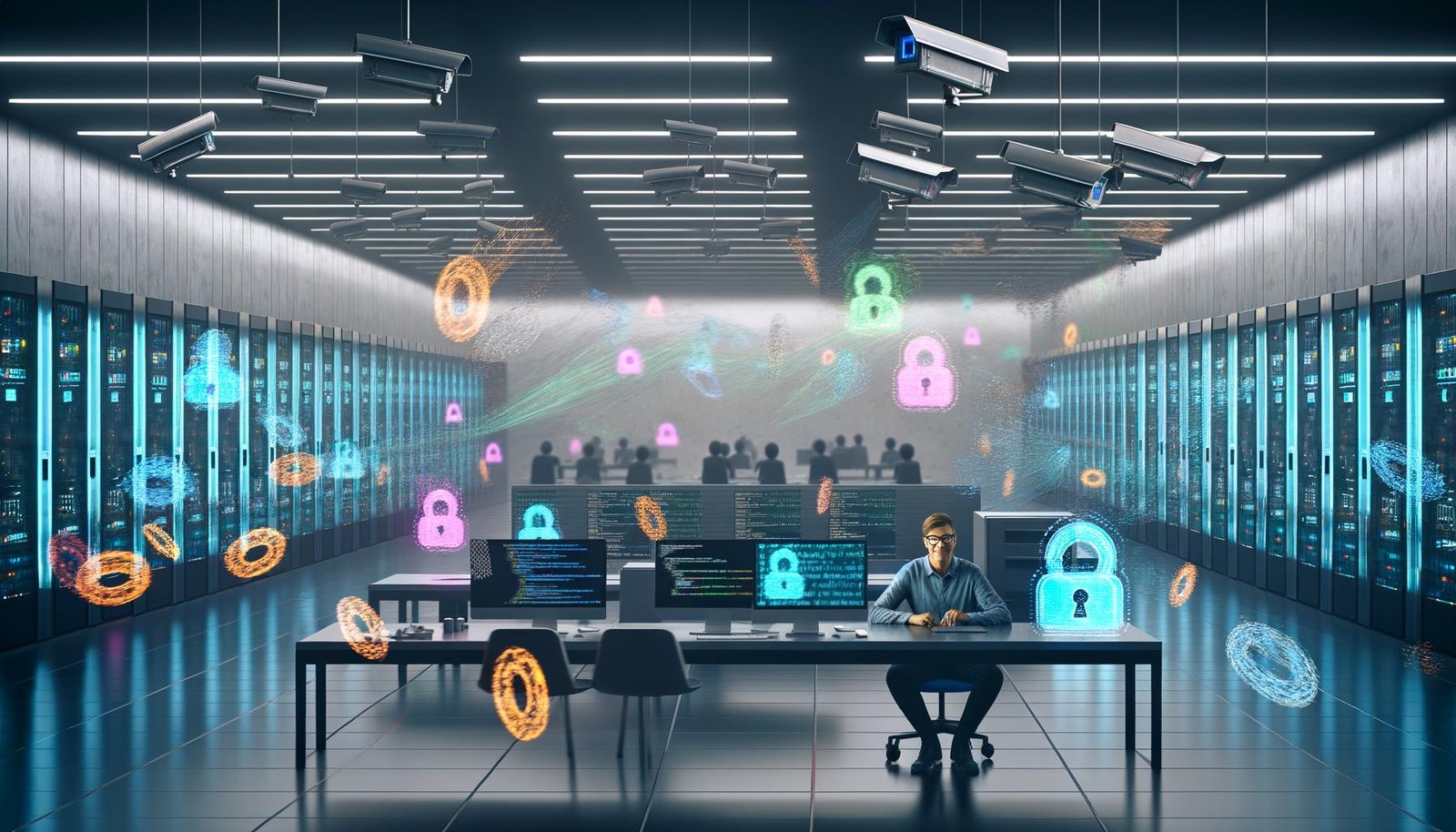 Person entspannt am Schreibtisch in einem futuristischen Großraumbüro mit Überwachungskameras, Servern, bunten Datenströmen und Datenschutz-Hinweisen auf Monitoren.