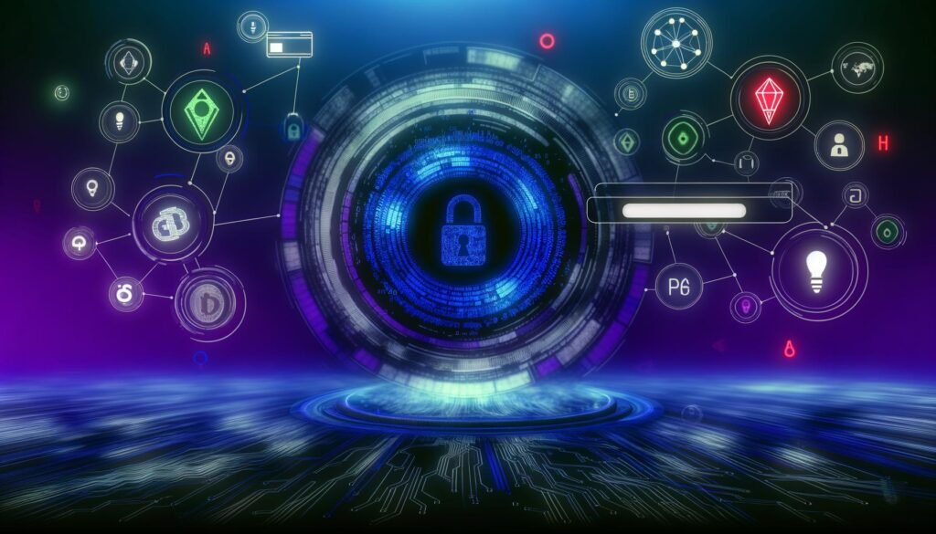 Futuristische digitale Benutzer-ID als schwebender, leuchtender kryptografischer Code mit Knotenpunkten für Projekte, Finanzen und API-Verbindungen vor einem blau-violetten Dashboard.