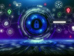 Futuristische digitale Benutzer-ID als schwebender, leuchtender kryptografischer Code mit Knotenpunkten für Projekte, Finanzen und API-Verbindungen vor einem blau-violetten Dashboard.