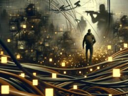 Illustration einer Person im digitalen Dschungel, umgeben von Kabeln, Datenströmen und bedrohlichen Überwachungs-Elementen im Stil eines investigativen Magazin-Covers.