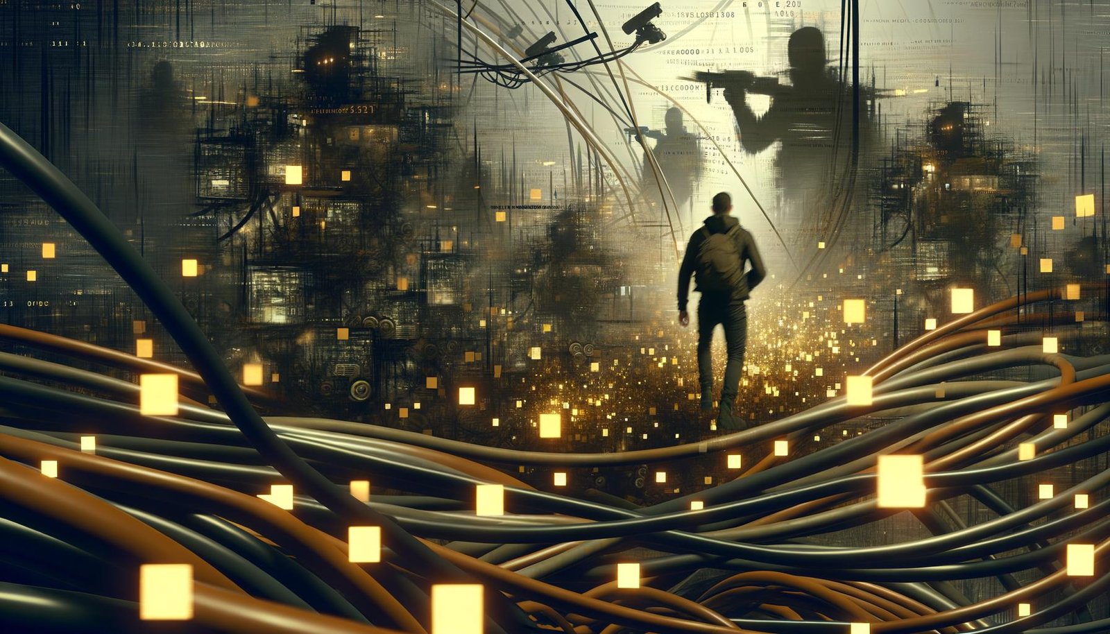Illustration einer Person im digitalen Dschungel, umgeben von Kabeln, Datenströmen und bedrohlichen Überwachungs-Elementen im Stil eines investigativen Magazin-Covers.