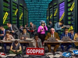 Düsteres Editorial-Bild: Politiker und Techies im halbabgerissenen Serverraum, zwischen Gesetzestexten, Serverkabeln und flackernden Digitalbegriffen.