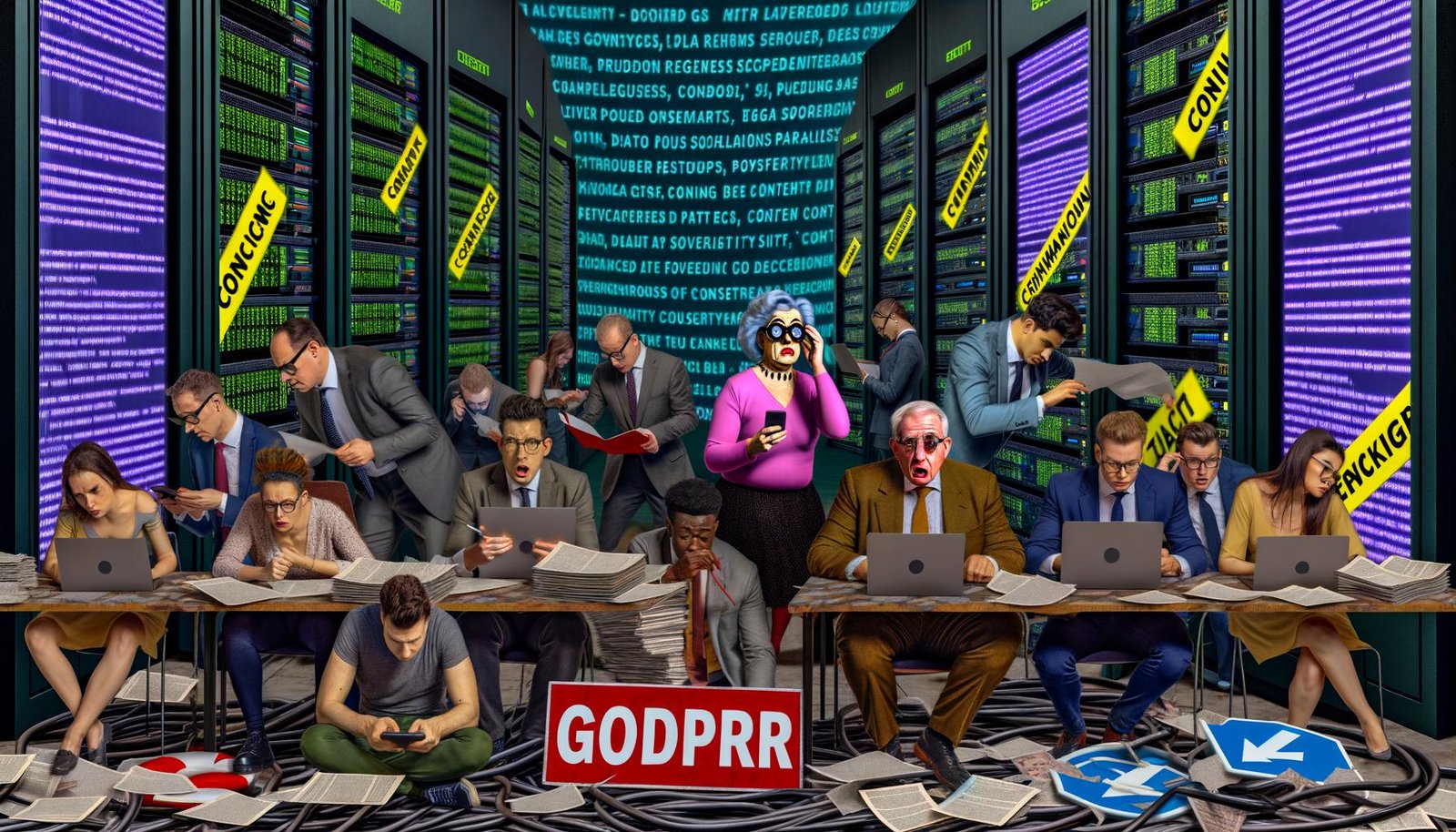 Düsteres Editorial-Bild: Politiker und Techies im halbabgerissenen Serverraum, zwischen Gesetzestexten, Serverkabeln und flackernden Digitalbegriffen.