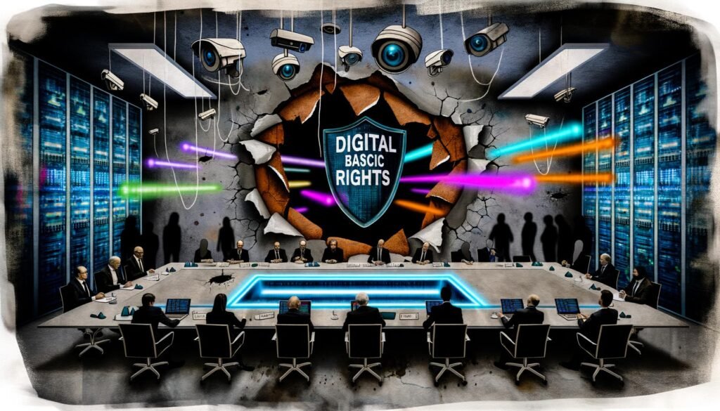 Metaphorische Keyvisual-Illustration zur Debatte um digitale Grundrechte in Deutschland mit Politikern, Behörden, Datenströmen und einem defekten Schutzschild.