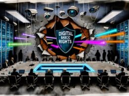 Metaphorische Keyvisual-Illustration zur Debatte um digitale Grundrechte in Deutschland mit Politikern, Behörden, Datenströmen und einem defekten Schutzschild.