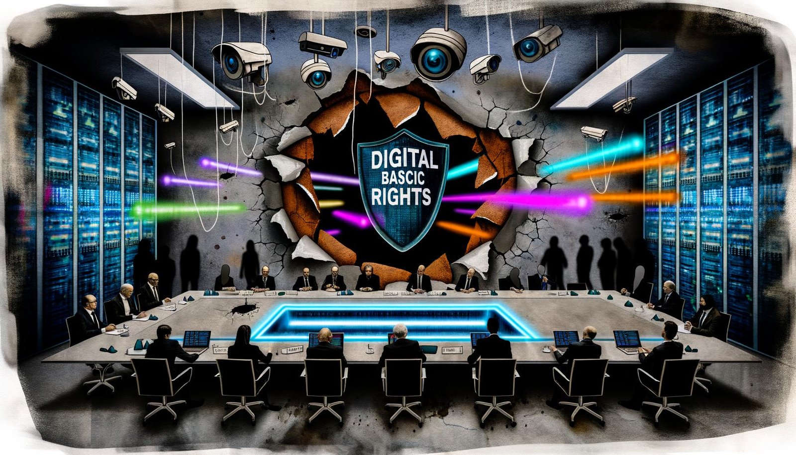 Metaphorische Keyvisual-Illustration zur Debatte um digitale Grundrechte in Deutschland mit Politikern, Behörden, Datenströmen und einem defekten Schutzschild.