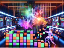 Futuristisches Deep-Learning-Labor mit Roboterwissenschaftler, der PyTorch Query Datenblöcke zerschneidet, umgeben von GPUs, Datenblöcken und holografischen Code-Panels.