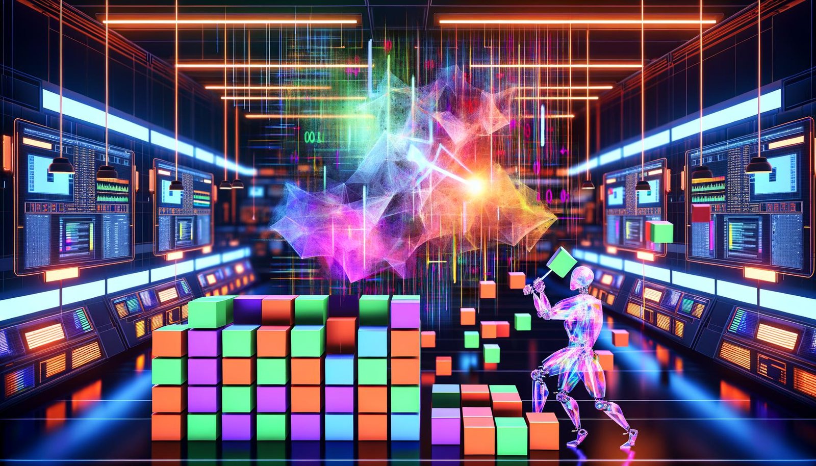 Futuristisches Deep-Learning-Labor mit Roboterwissenschaftler, der PyTorch Query Datenblöcke zerschneidet, umgeben von GPUs, Datenblöcken und holografischen Code-Panels.