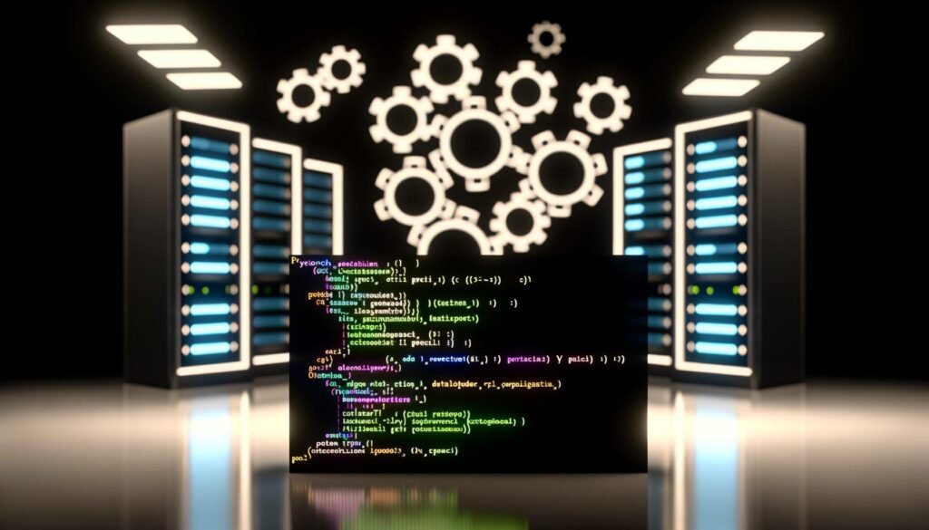 Schwarzer Bildschirm mit farbigem PyTorch-Code vor unscharfen Server-Racks und Netzwerkdiagrammen, symbolische Zahnräder schweben darüber.