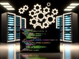 Schwarzer Bildschirm mit farbigem PyTorch-Code vor unscharfen Server-Racks und Netzwerkdiagrammen, symbolische Zahnräder schweben darüber.