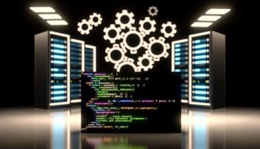 Schwarzer Bildschirm mit farbigem PyTorch-Code vor unscharfen Server-Racks und Netzwerkdiagrammen, symbolische Zahnräder schweben darüber.