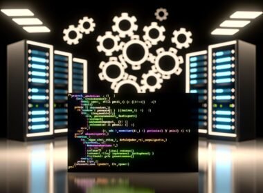 Schwarzer Bildschirm mit farbigem PyTorch-Code vor unscharfen Server-Racks und Netzwerkdiagrammen, symbolische Zahnräder schweben darüber.