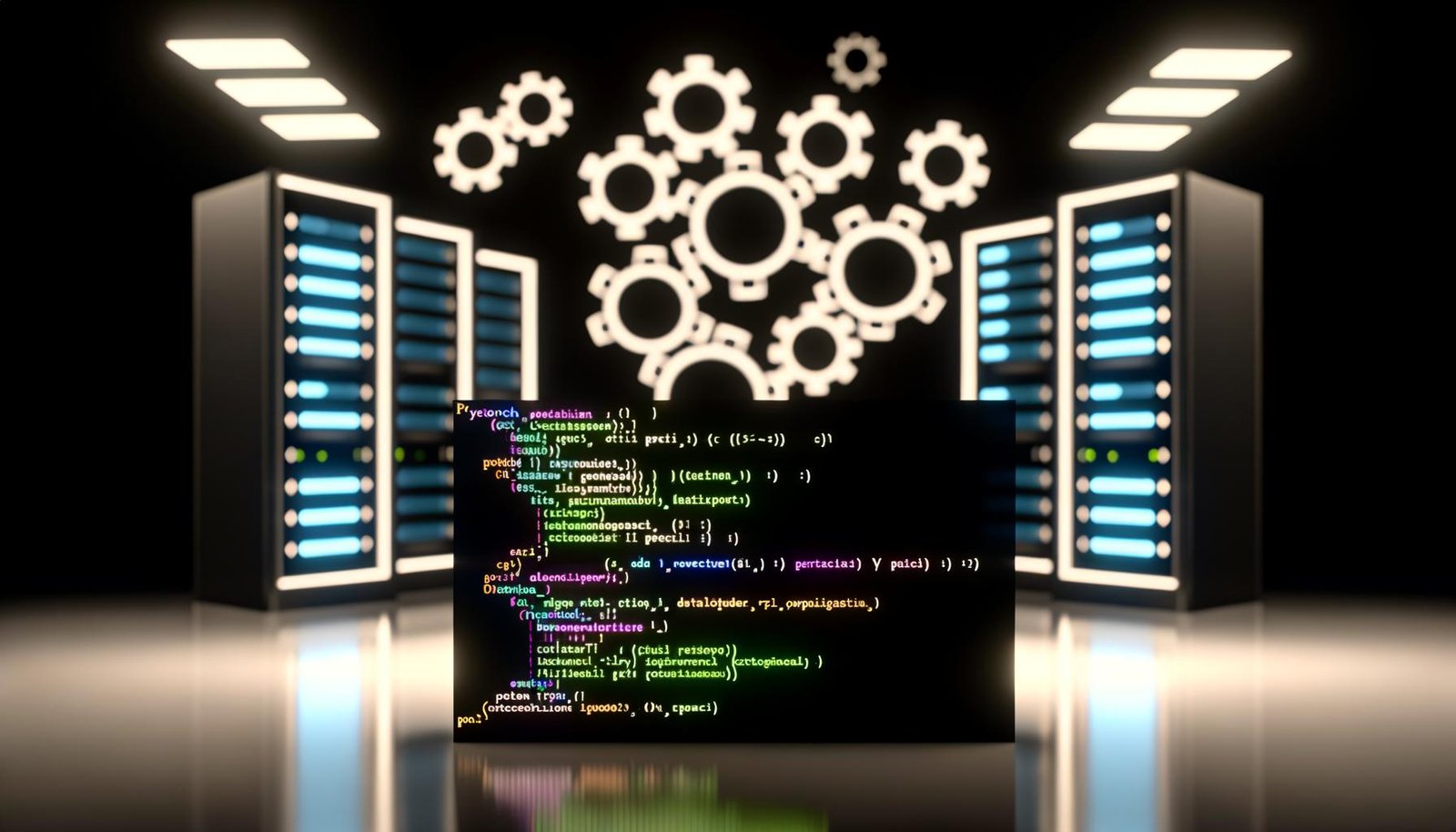 Schwarzer Bildschirm mit farbigem PyTorch-Code vor unscharfen Server-Racks und Netzwerkdiagrammen, symbolische Zahnräder schweben darüber.