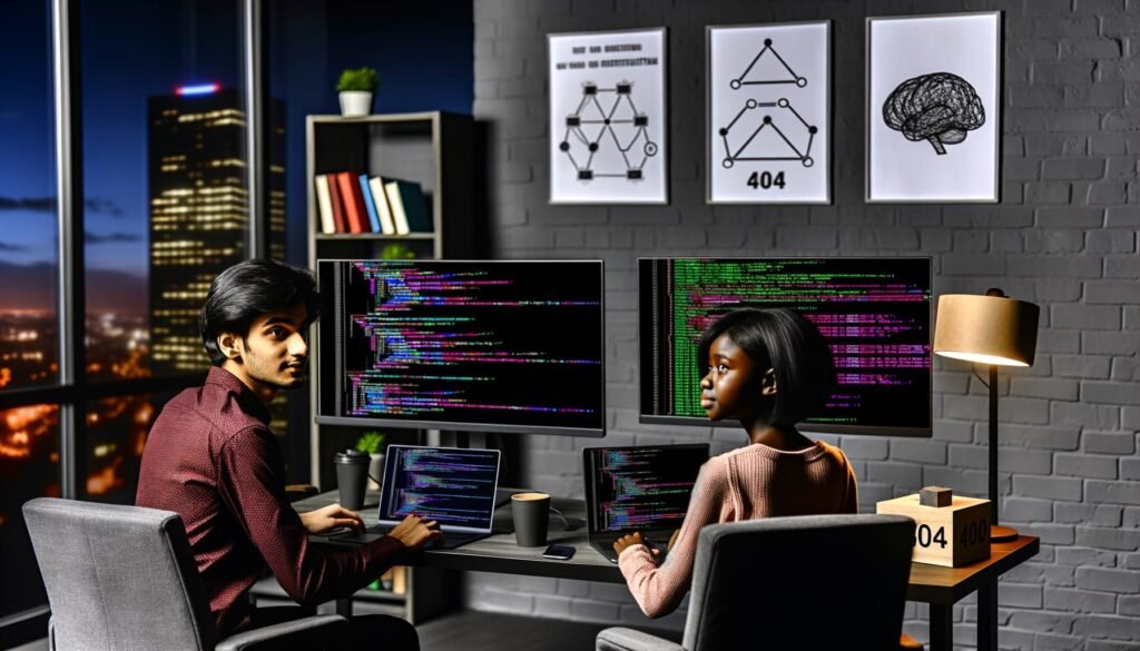 Zwei Programmierer*innen sitzen in einem modernen Loft-Büro an Monitoren mit offenem PyTorch-Code, umgeben von Diagrammen, Fachbüchern und Tech-Postern.