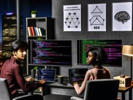 Zwei Programmierer*innen sitzen in einem modernen Loft-Büro an Monitoren mit offenem PyTorch-Code, umgeben von Diagrammen, Fachbüchern und Tech-Postern.