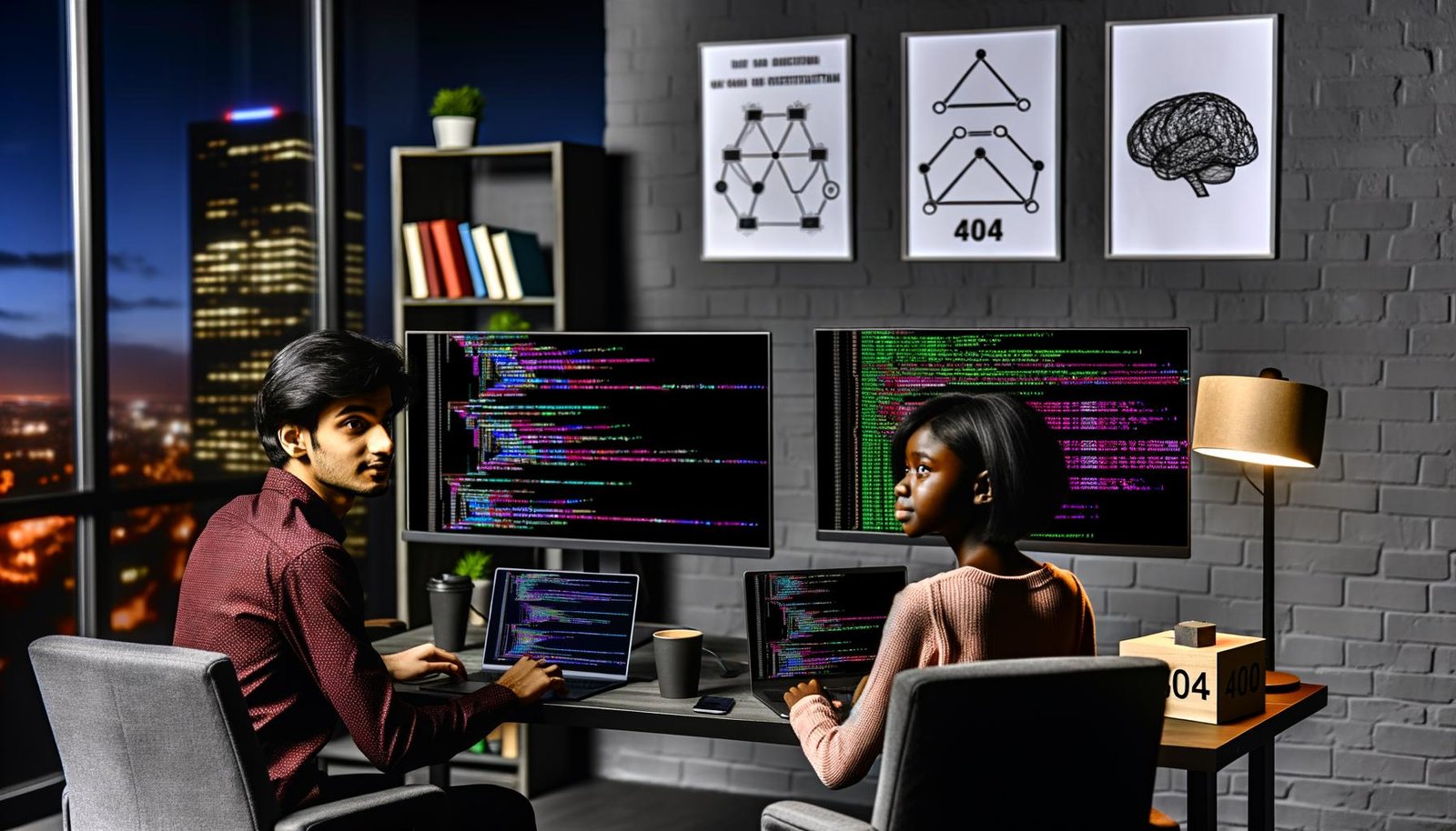 Zwei Programmierer*innen sitzen in einem modernen Loft-Büro an Monitoren mit offenem PyTorch-Code, umgeben von Diagrammen, Fachbüchern und Tech-Postern.