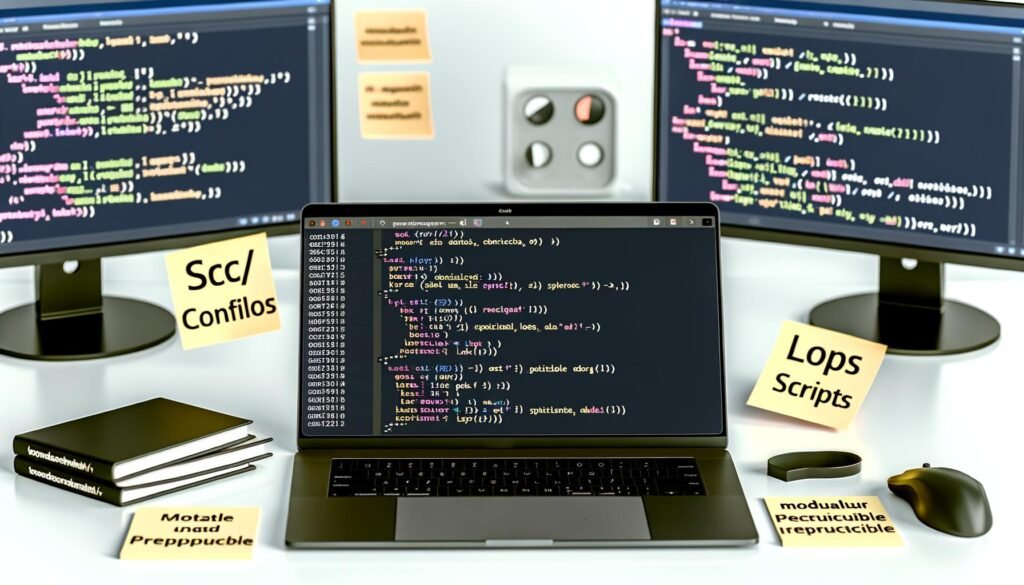 Moderner Arbeitsplatz mit offenem Laptop zeigt PyTorch-Projektstruktur, modularen Code und Trainings-Dashboards, umgeben von motivierenden Sticky Notes.