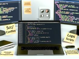 Moderner Arbeitsplatz mit offenem Laptop zeigt PyTorch-Projektstruktur, modularen Code und Trainings-Dashboards, umgeben von motivierenden Sticky Notes.