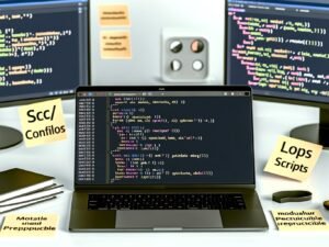 Moderner Arbeitsplatz mit offenem Laptop zeigt PyTorch-Projektstruktur, modularen Code und Trainings-Dashboards, umgeben von motivierenden Sticky Notes.