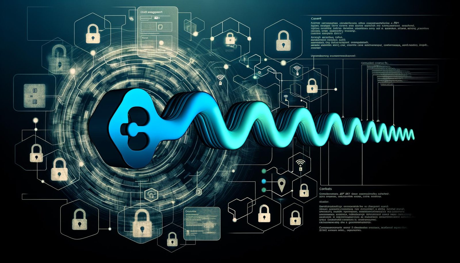 Moderne, abstrakte digitale Illustration eines Datenrückgrats, das OAuth2, Tokens und SSO-Symbole in einer dunklen Benutzeroberfläche mit Replit-Logo und technischen Overlays verbindet.