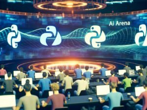 Junge Entwickler:innen in futuristischer KI-Arena, leuchtende PyTorch-Symbole und 3D-Tensoren, TensorFlow-Logo im Hintergrund verblasst