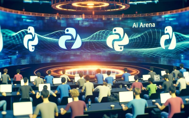 Junge Entwickler:innen in futuristischer KI-Arena, leuchtende PyTorch-Symbole und 3D-Tensoren, TensorFlow-Logo im Hintergrund verblasst