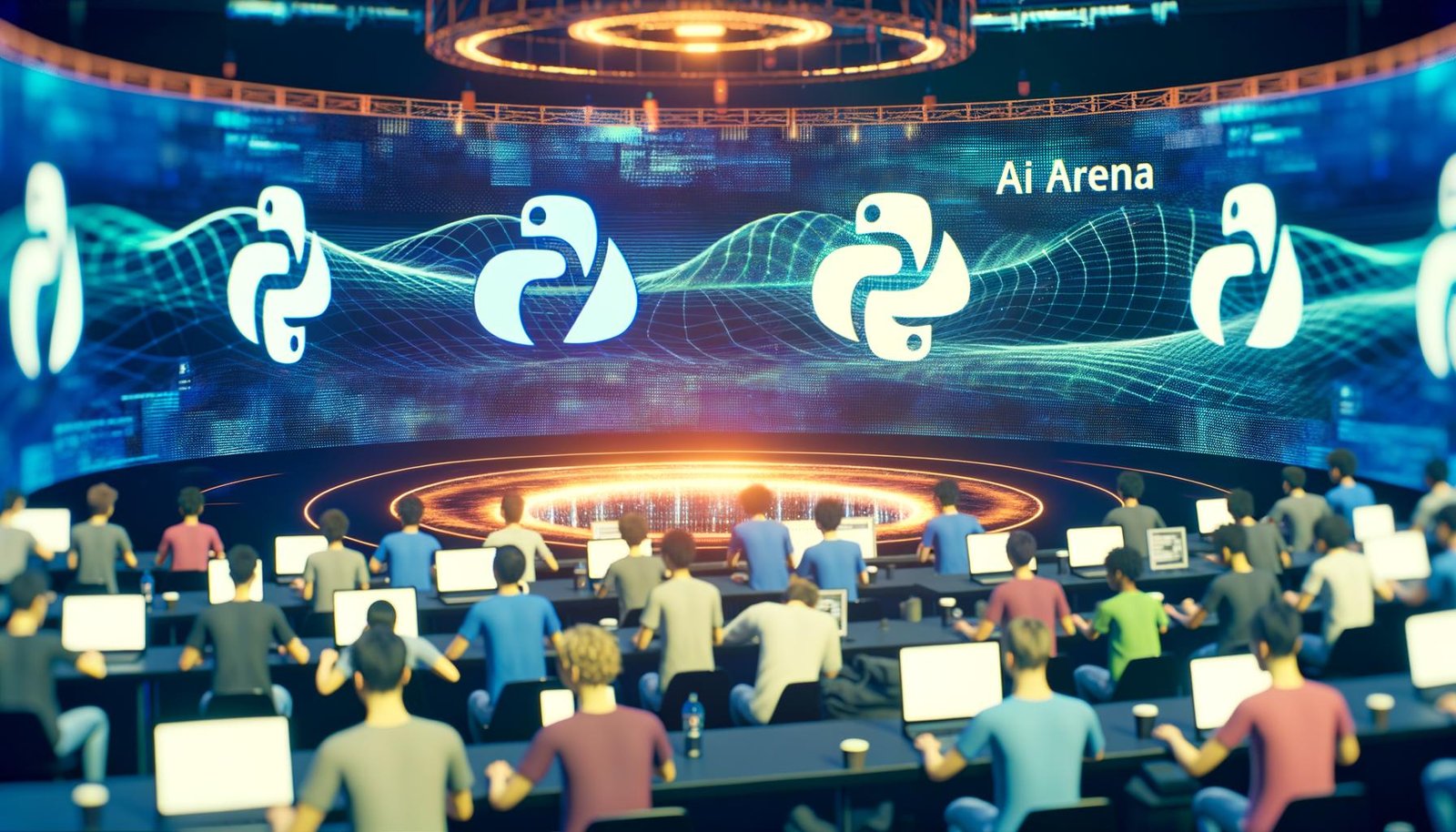 Junge Entwickler:innen in futuristischer KI-Arena, leuchtende PyTorch-Symbole und 3D-Tensoren, TensorFlow-Logo im Hintergrund verblasst