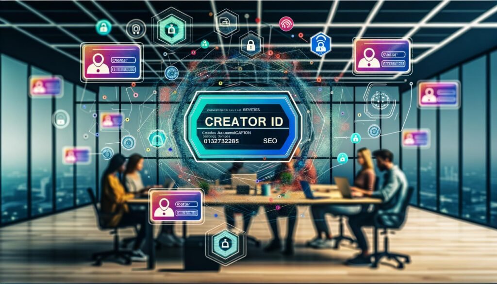 Arbeitsplatz mit mehreren Monitoren, zentralem Replit-Dashboard und hervorgehobener Creator ID sowie Teammitgliedern im Hintergrund, verbunden durch digitale Linien.