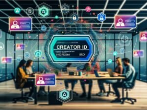 Arbeitsplatz mit mehreren Monitoren, zentralem Replit-Dashboard und hervorgehobener Creator ID sowie Teammitgliedern im Hintergrund, verbunden durch digitale Linien.