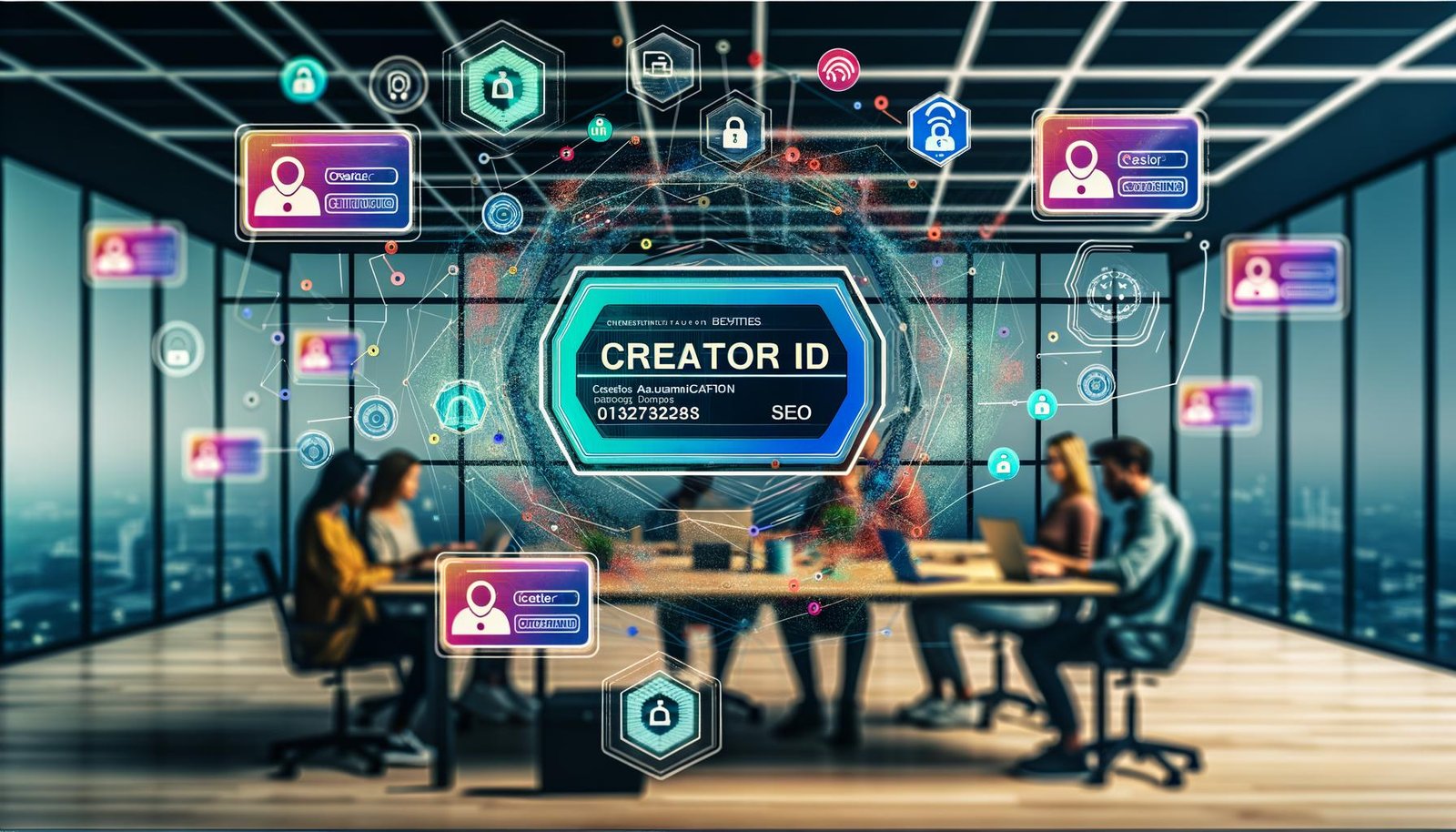 Arbeitsplatz mit mehreren Monitoren, zentralem Replit-Dashboard und hervorgehobener Creator ID sowie Teammitgliedern im Hintergrund, verbunden durch digitale Linien.