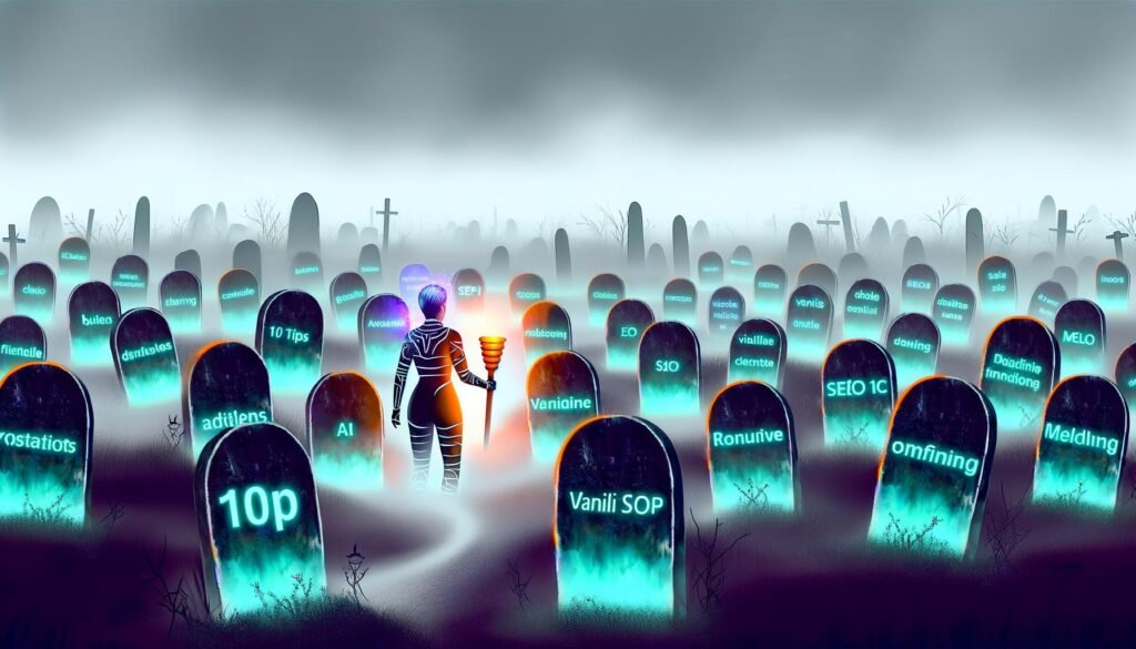 Friedhof mit alten Blog-Artikeln und verstaubten SEO-Dokumenten als Grabsteine, eine moderne Figur mit Fackel beleuchtet Daten und KI-Symbole im Vordergrund