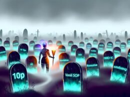 Friedhof mit alten Blog-Artikeln und verstaubten SEO-Dokumenten als Grabsteine, eine moderne Figur mit Fackel beleuchtet Daten und KI-Symbole im Vordergrund