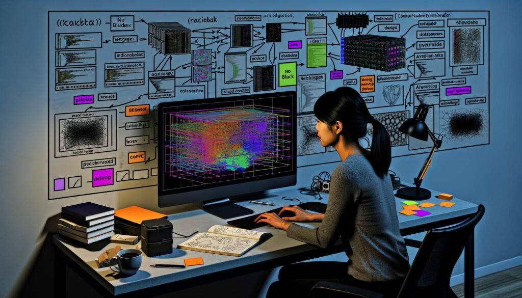 Programmierer betrachtet am Computer detaillierte bunte Visualisierungen neuronaler Netzwerke, umgeben von Technikbüchern, Notizen und Skizzen zur KI-Struktur vor einer modernen Arbeitsumgebung.