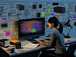 Programmierer betrachtet am Computer detaillierte bunte Visualisierungen neuronaler Netzwerke, umgeben von Technikbüchern, Notizen und Skizzen zur KI-Struktur vor einer modernen Arbeitsumgebung.