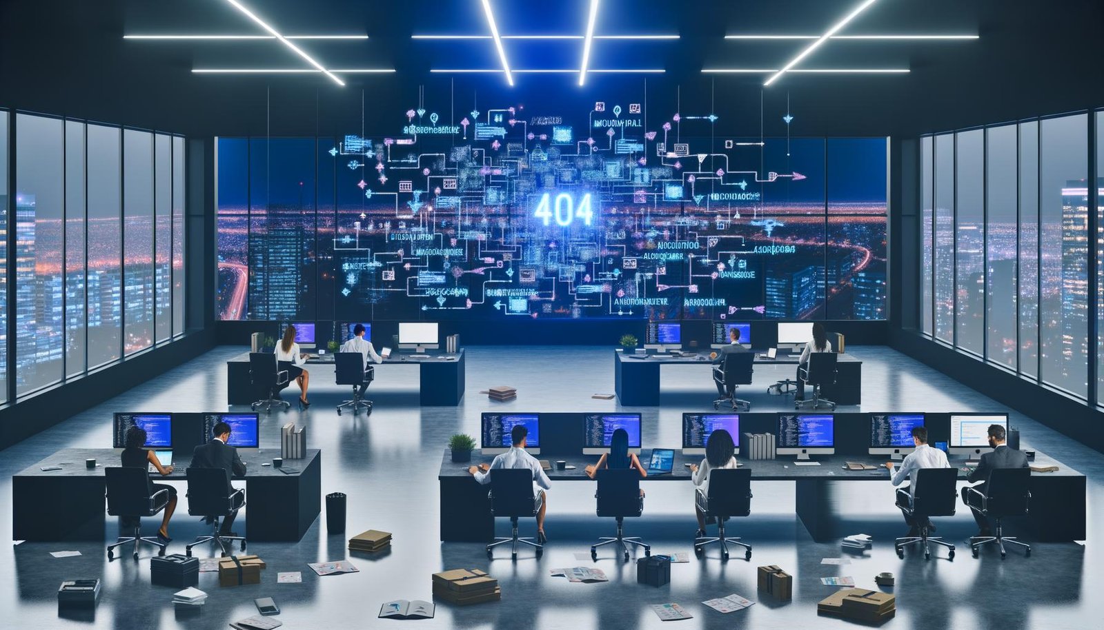 Dynamisches, futuristisches Großraumbüro mit digitalen Displays, Entwickler- und Marketingteam, Content-Workflow auf Glaswand und moderner Technologie.