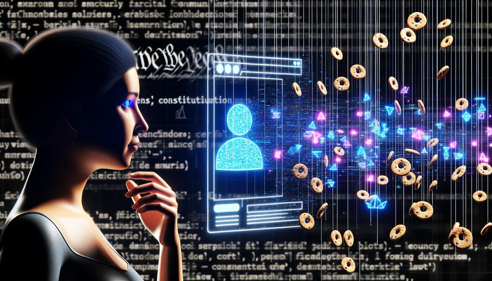 Futuristische Nahaufnahme eines Menschen vor Computerbildschirm, umgeben von Cookie-Bannern, Pop-ups, Algorithmen und verblassenden Verfassungstexten – Sinnbild für Überwachung und Kontrollverlust im digitalen Zeitalter.
