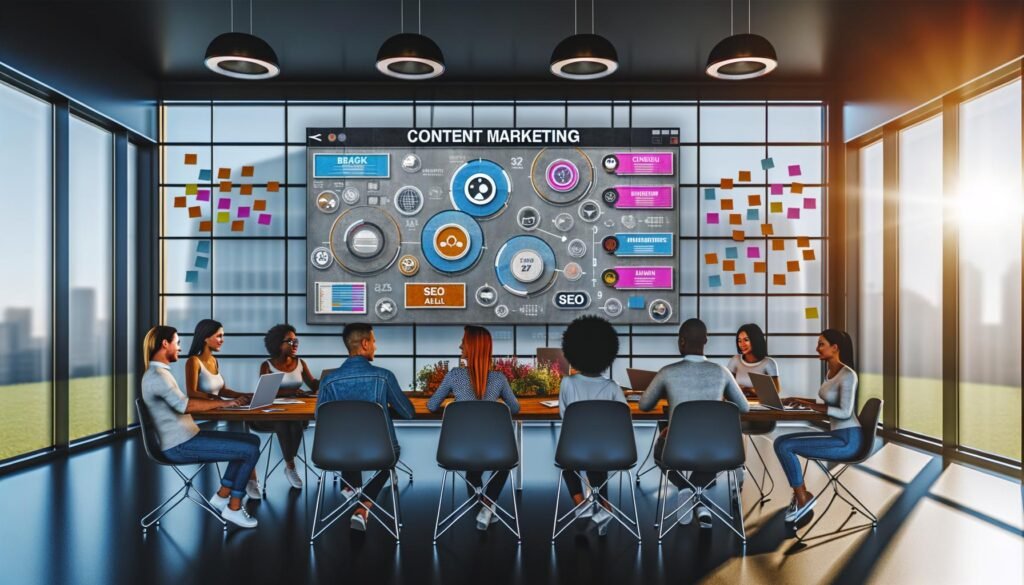 Marketer-Team arbeitet in modernem Büro vor großem Screen mit Content Marketing Tools, kollaborativer Atmosphäre und strategischen Post-its an Glaswänden.