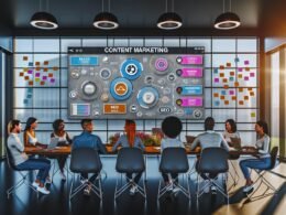 Marketer-Team arbeitet in modernem Büro vor großem Screen mit Content Marketing Tools, kollaborativer Atmosphäre und strategischen Post-its an Glaswänden.