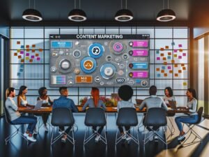 Marketer-Team arbeitet in modernem Büro vor großem Screen mit Content Marketing Tools, kollaborativer Atmosphäre und strategischen Post-its an Glaswänden.