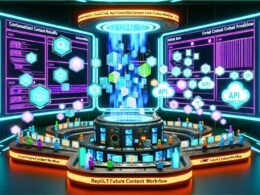 Futuristische Maschinenraum-Szene mit leuchtender holografischer Konsole, Monitoren voller Datenströme, Avataren von Content-Produzenten und KI-Bots, schwebenden Icons für Automatisierung, Cloud, KI und CMS sowie dynamischer, post-industrieller Atmosphäre.