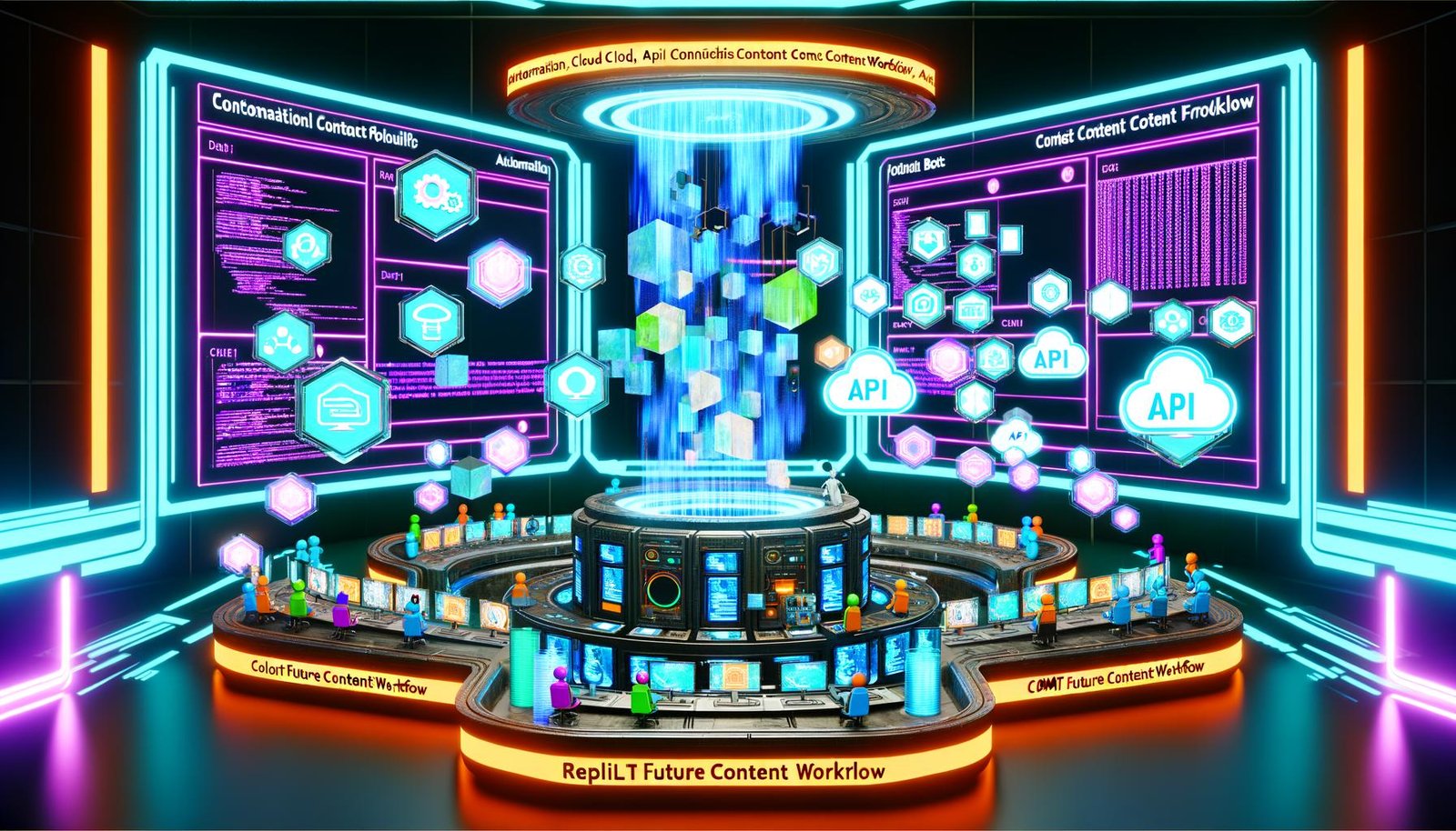 Futuristische Maschinenraum-Szene mit leuchtender holografischer Konsole, Monitoren voller Datenströme, Avataren von Content-Produzenten und KI-Bots, schwebenden Icons für Automatisierung, Cloud, KI und CMS sowie dynamischer, post-industrieller Atmosphäre.