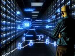 Eine Person mit verschränkten Armen steht in einem blau beleuchteten Serverraum voller blinkender Rechner. Über ihr schweben Datenströme, durchzogen von Ketten und leuchtenden Schilden als Zeichen von Kontrolle und Schutz.