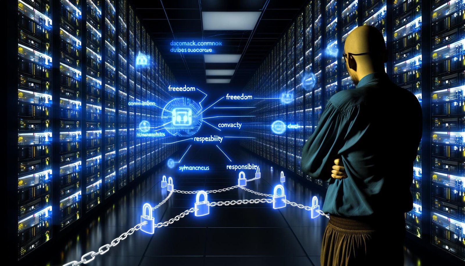 Eine Person mit verschränkten Armen steht in einem blau beleuchteten Serverraum voller blinkender Rechner. Über ihr schweben Datenströme, durchzogen von Ketten und leuchtenden Schilden als Zeichen von Kontrolle und Schutz.
