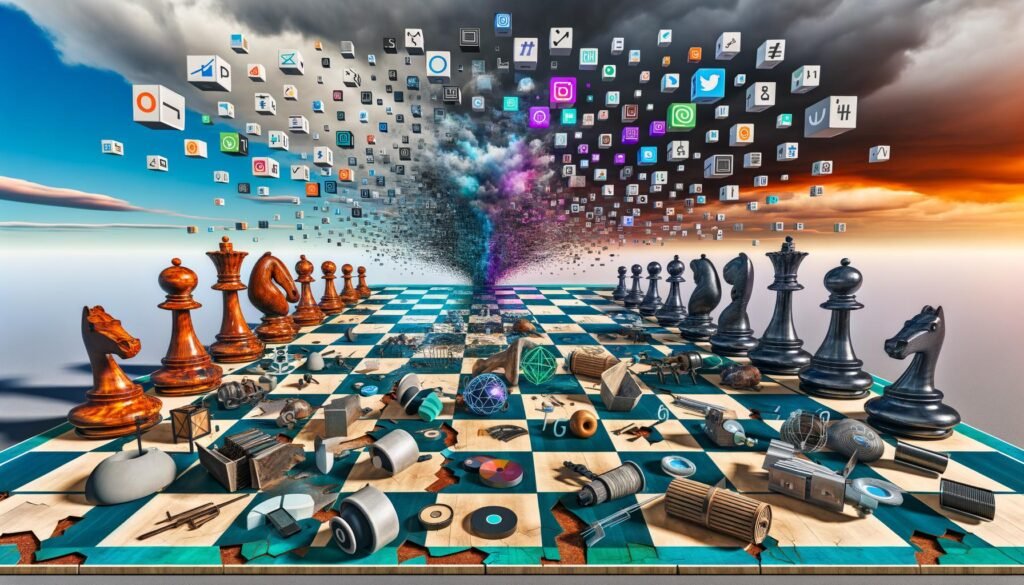 Hyperrealistisches Bild eines metaphorischen digitalen Schachbretts: Zerbrochene klassische Content-Objekte treffen auf moderne KI- und Social-Media-Symbole, mit einem algorithmischen Sturm im Hintergrund.